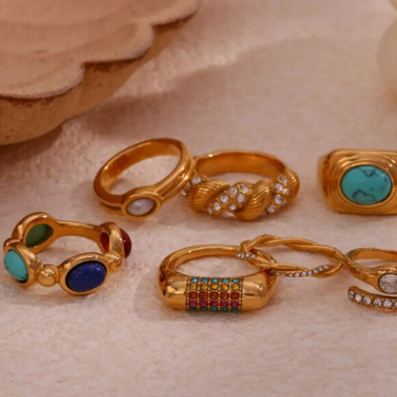 BOHO Stainless Steel Gold Plated Natural Mixed Stone Ring - Picture 2 of 2